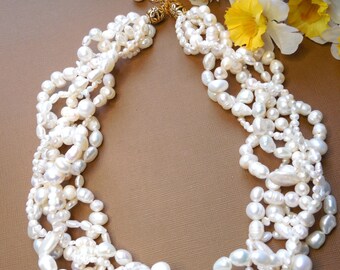 Real pearl necklace, Multi strand pearl necklace, Freshwater pearl necklace, Natural pearl, Wedding necklace, Bridal necklace, woven