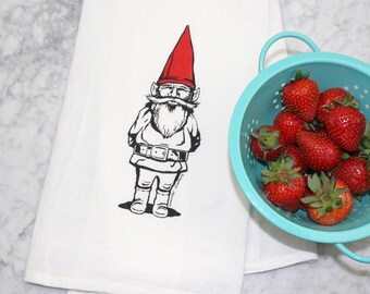 Gnome Kitchen Towel - Screen Printed - Cotton Flour Sack Tea Towel - Eco-Friendly Kitchen Towel - Garden Gnome Decor