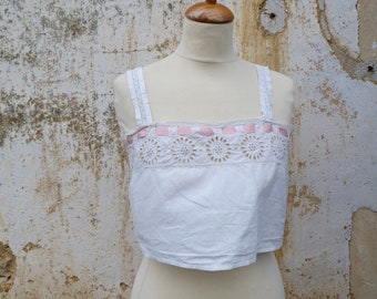 Victorian 1890/1900s French handmade white cotton embroidered blouse Crop top size XS
