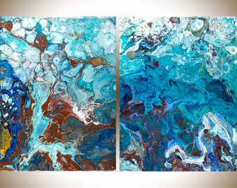 Fluid art acrylic fluid painting Abstract painting Turquoise Pink original art home decor wall decor wall art by qiqigallery