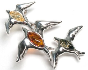 Henryka Amber and Silver Flight of Birds Brooch