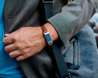 Man's Leather Fit Bit Bracelet- Handmade Silver & Agate Holder for Fitbit Flex or Flex 2 Tracker w Black or Brown Leather Watch Band for Men