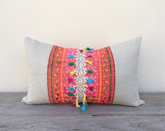 Vintage Textiles Ethnic Hand Embroidered Tassel Patch Work Pillow Case 12" x 20 Pieces Of Retro Tribal Costume