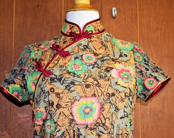 Vintage Women's Size Small Cotton Blend Short Sleeve Oriental Asian Tunic Dress Top