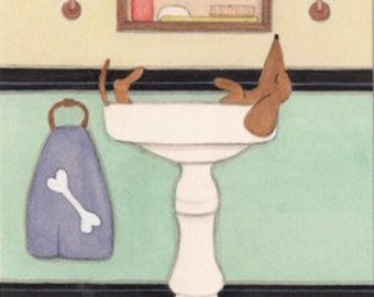 Brown dachshund (doxie) fills sink at bathtime / Lynch signed folk art print Weiner/Wiener Dog