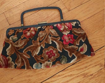 Vintage 50 s 60 s chenille tapestry floral handbag