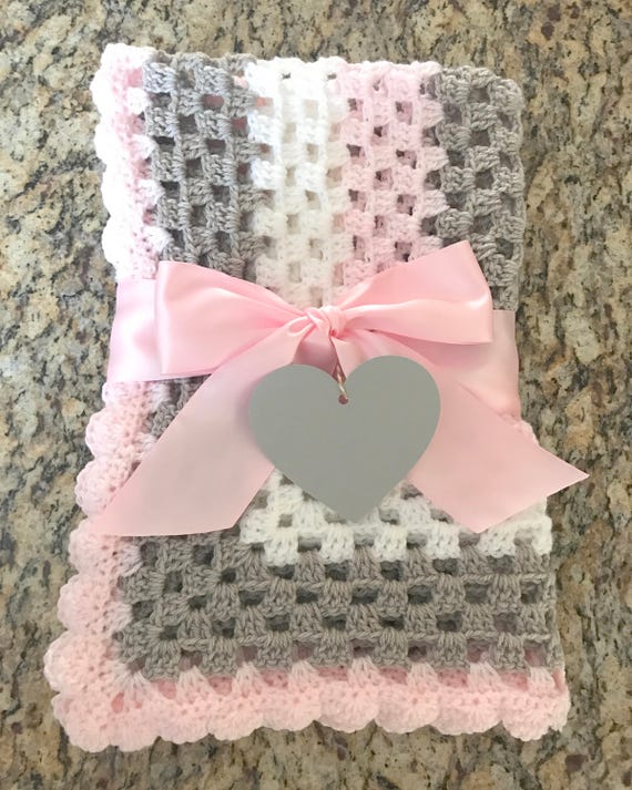 Pink Grey & White Baby Blanket Granny Square Baby Blanket