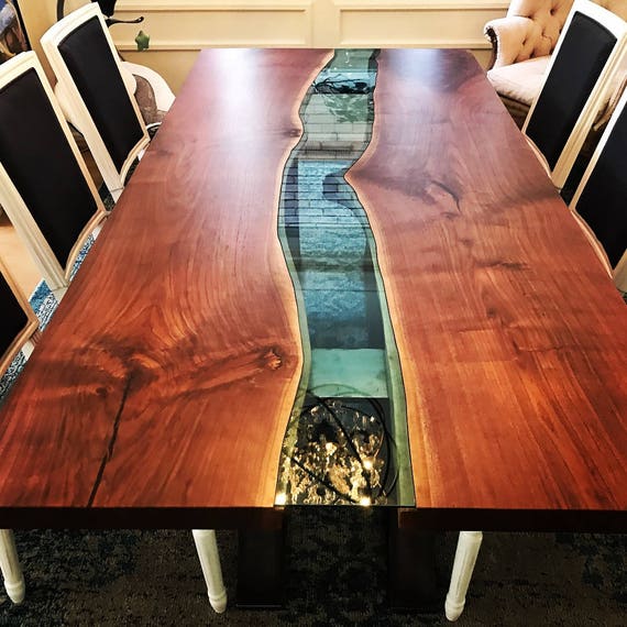 Live Edge black walnut river table with half moon base Live