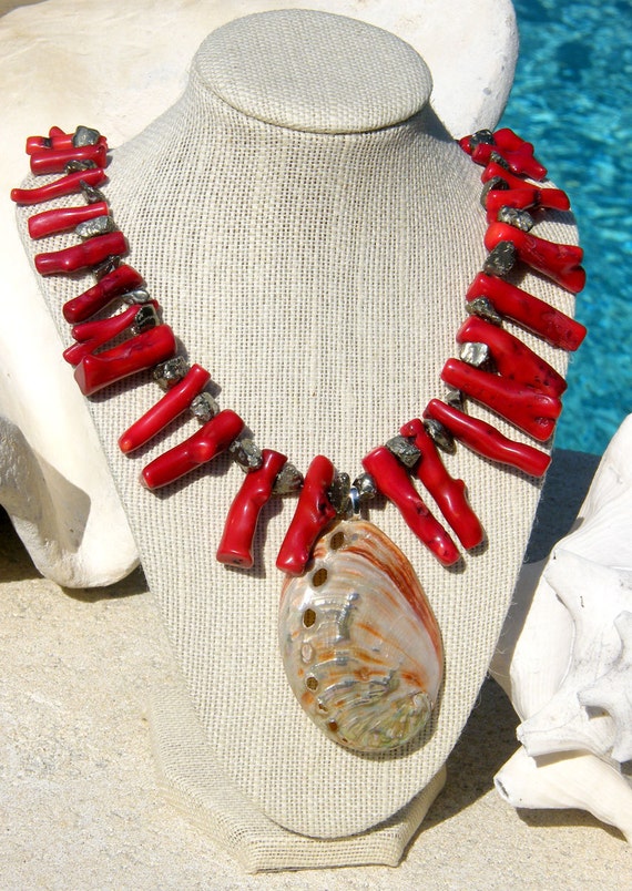 Red Coral Necklace with Red Abalone Seashell - Beach, Island, Seaside Wedding, Daytime or Evening