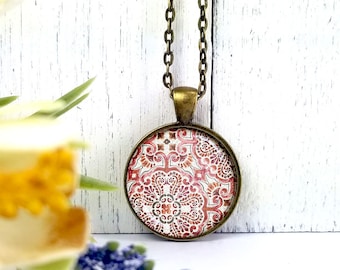 Pattern 1 Pinks-Medium Round- Glass Bubble Pendant Necklace