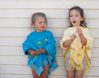 Kids Hooded Fringe Beach Poncho, 100% Terry Cloths Cotton, Ocean Blue