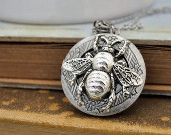 silver locket necklace, BEE HAPPY LOCKET, antique silver bumble bee locket necklace