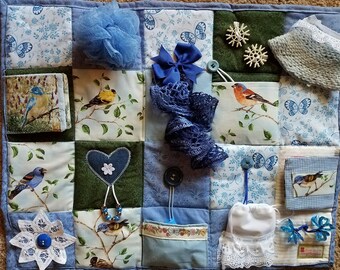 Bluebirds and Butterflies Fidget Blanket - Fidget Quilt for Dementia, Alzheimer, Stroke and Nursing Home patients with many sensory items