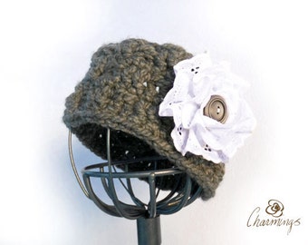 HEADBAND - Elegant Charcoal Crochet Headband, Eyelet Flower, Ear Cozy, Ear Gator, Winter Fashion Apparel