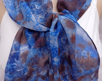 silk scarf chiffon long Blue Brown hand painted tie dyed unique wearable art long women fashion accessory