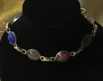 1950's Gold Tone Scarab Bracelet with Multi Colored Scarabs