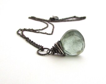 Moss aquamarine necklace, March birthstone, aquamarine pendant, oxidized sterling silver wire wrapped necklace, aquamarine jewelry