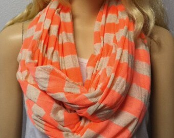 Neon Peach and Sand Stripes Infinity Scarf Jersey Knit