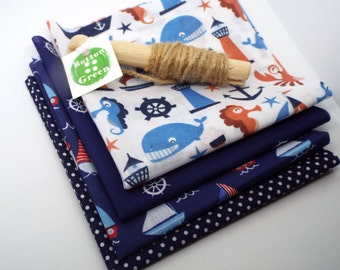 Nautical Sailboat Yacht poly cotton fabric x4, fat quarters, 25cm x 25cm