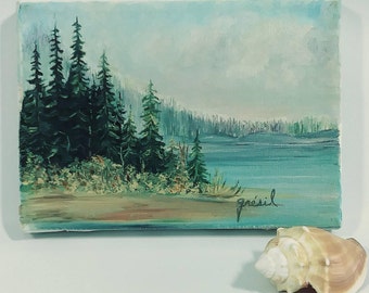 Vintage Lakeside Landscape Painting with Trees; Vintage Mountain and Lake Scene Painting, Vintage Seascape Painting