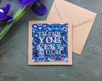 Thank You Very Much Silver Metallic Embroidered Liberty William Morris Print Fabric Handmade Card