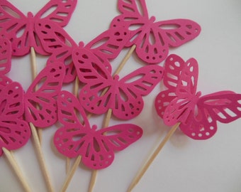 Butterfly Cupcake Toppers - Raspberry Pink - Baby Showers - Birthday Party Decorations - Bridal Showers - Set of 12