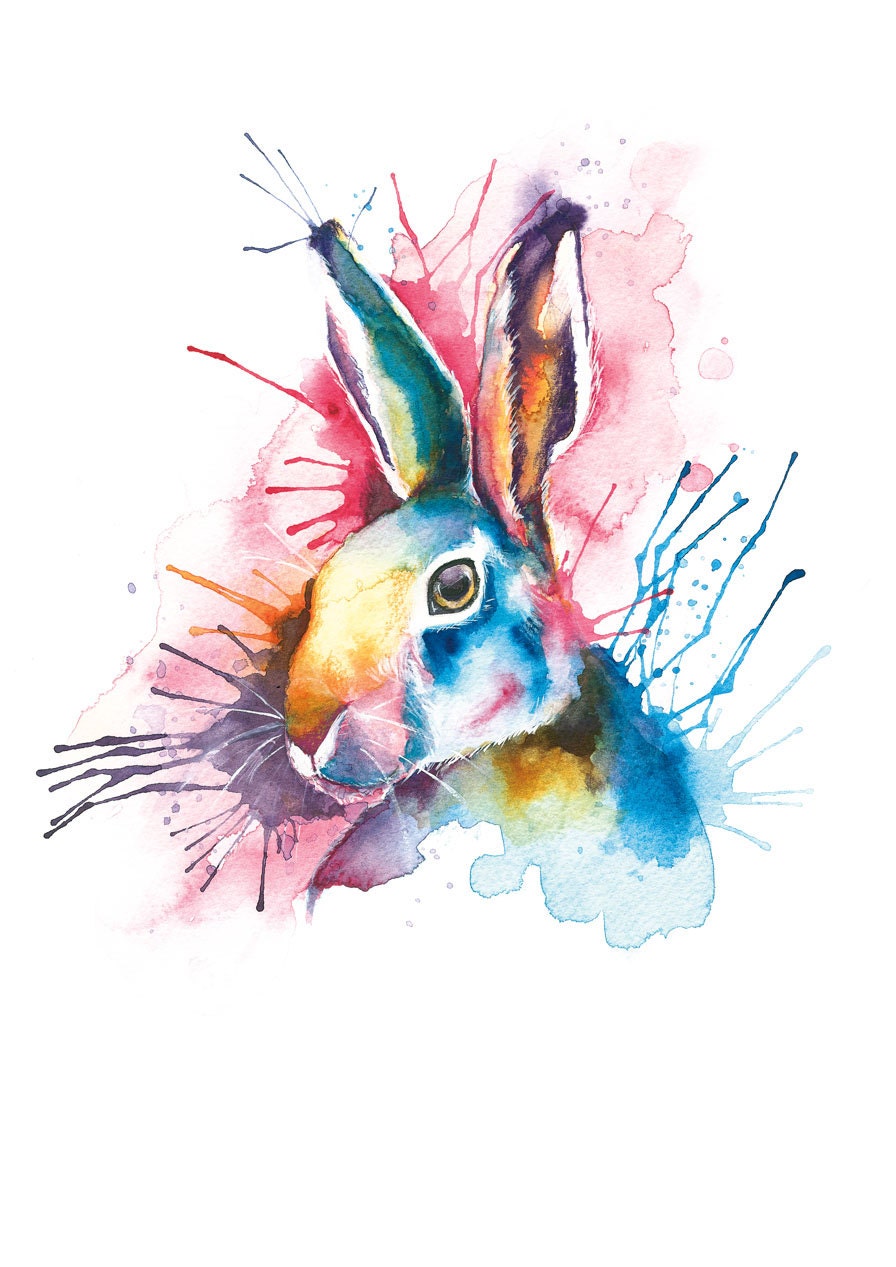 Hare print Watercolour print Splash animal painting Blue wall