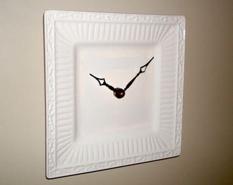 Square Creamy White Wall Clock, 8-1/4 Inches, Small Wall Clock, Kitchen Clock, Unique Wall Clock, Ceramic Plate Clock - 2423