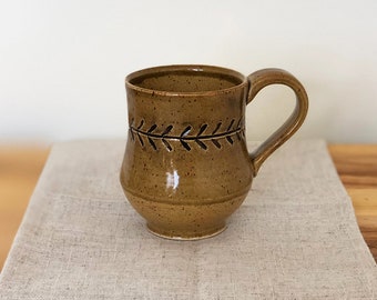 Stamped Mug // Ceramic Mug // Amber Mug // Patterned Mug // Tea Mug // Rustic Pottery // Yellow Mug // 10 oz Mug