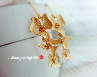 Matte Gold Orchid Earrings Orchid Trio Earrings Gold Orchid Flower Earrings Dangle Earrings Bridal Earrings Bridesmaid Earrings Gift For Her