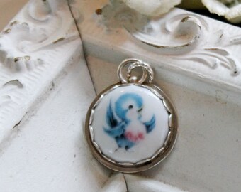 Bluebird of Happiness Sterling Blue Bird Edged Porcelain Pendant Charm