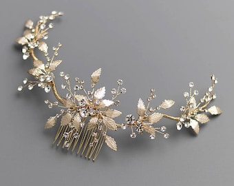 Gold Wedding Hair Comb, Floral Gold Bridal Hair Comb, Gold Bridal Comb, Gold Wedding Comb, Gold Headpiece, Bridal Hair Accessories - 7017