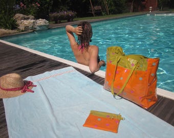 Beach bag and pouch attached orange and lime green polka dot