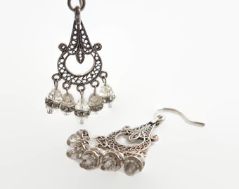 Gypsy Earrings, Sterling Silver, Vintage Earrings, Rhinestone Crystal, Big Statement, Dangle, Filagree, Boho Jewelry, Bohemian, Gypsy Hippie