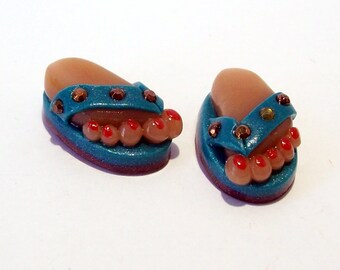 Flip Flops - Handmade Polymer Clay BEADS with Feet - Turquoise with Copper Studs