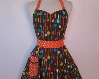 Apron Retro Style Sweetheart Neckline Utensils on Brown Full Apron BELLA Vintage Inspired