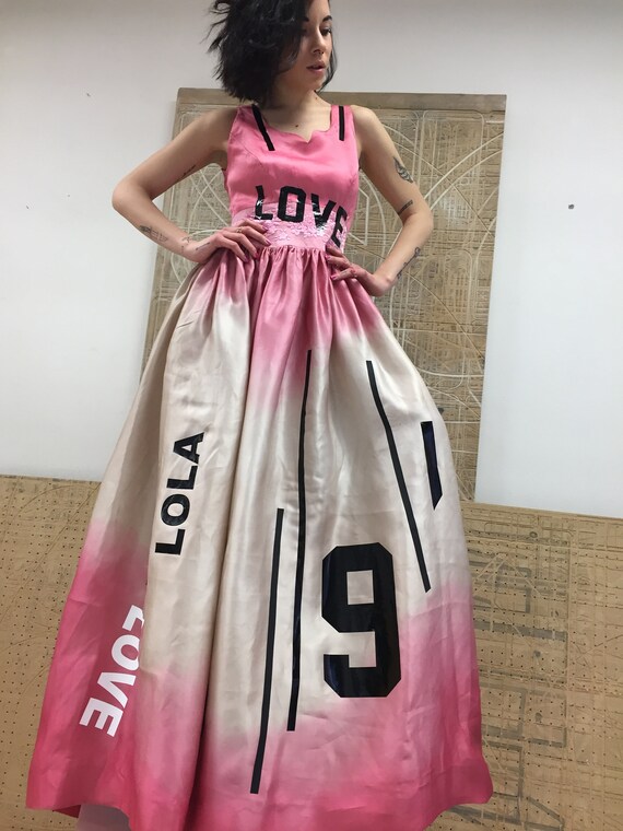 Silk Organza LOLA DARLING Wedding Party Dress with a train. Beige with hand painted Pink Color Love Lola Stripes Print Sartorial Made Italy