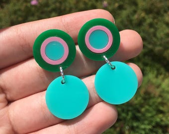 Turquoise, pink & green round drops (Laser Cut Acrylic Earrings)