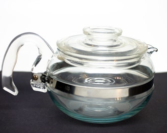 Pyrex Flameware Solid Glass Teapot - 8446-B - Tea Kettle 6 Cup With Lid - Glassware - Coffee / Tea Pot Blue Tint Clear Lid