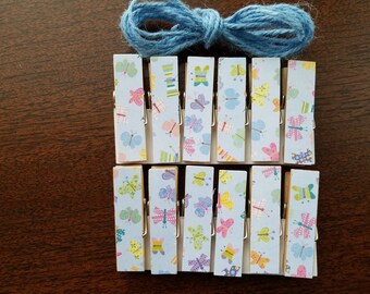Butterfly Meadow Clips w Blue Twine Clothesline for Artwork Display - Chunky Little Clothespins - Set of 12 - Easter Basket Gift