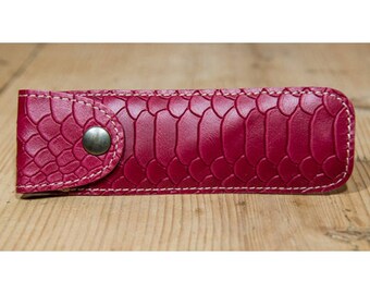 Red snakeskin effect leather pen case
