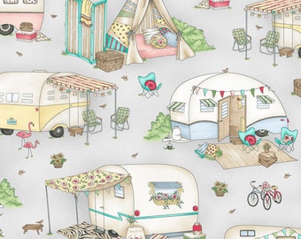 Gray Retro Camper Quilt Fabric, Travel Trailer, Glamping, RV, Maywood Studio Roam Sweet Home, MAS8220 K, Kris Lammers, Cotton