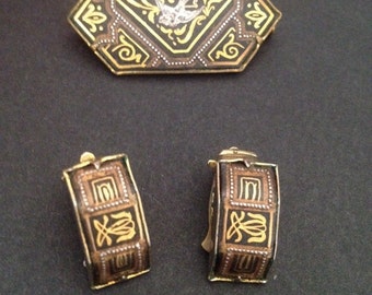 Vintage Spanish Damascene Brooch and Earrings