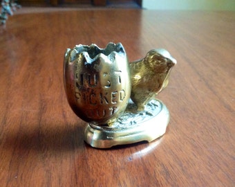Vintage Chick with Egg Brass Toothpick Holder "Just Picked Out"