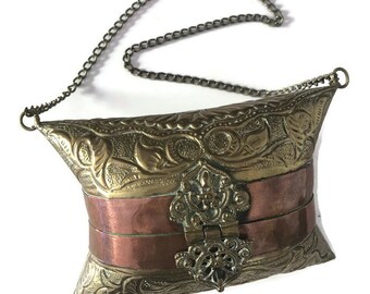 Vintage Metal Bag | Gold Metal Clutch | Brass Handbag | Metal Purse | Pillow Bag | Bohemian Purse / Rare Evening Bag /Indian Art Nouveau Bag