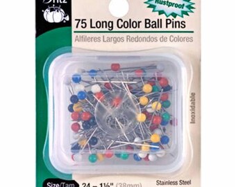 75 Long Color Ball Stainless Steel Pins, 1 1/2" long, comes with plastic storage case, Rustproof