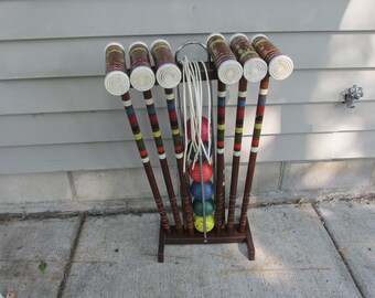 Wood Croquet Set with Stand 6 Vintage Mallets 6 Balls and Wickets