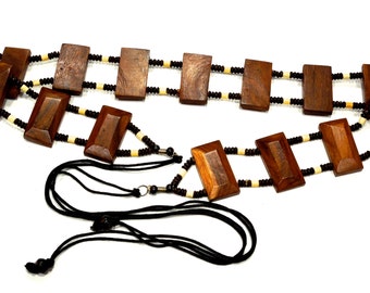 VINTAGE: Boho Wood and Bone Belt - Wood Tile Belt - Brown Belt - Bone Belt