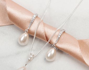 Bridal jewelry set, Pearl sterling silver necklace and earring set, bridal jewellery, pearl drop earrings, necklace wedding