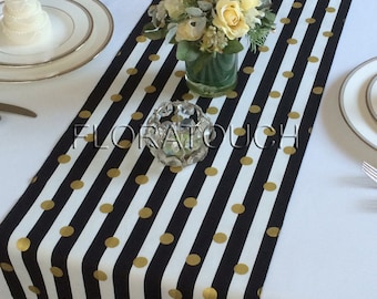 White and Black Striped with Gold Dots Table Runner Wedding Table Runner